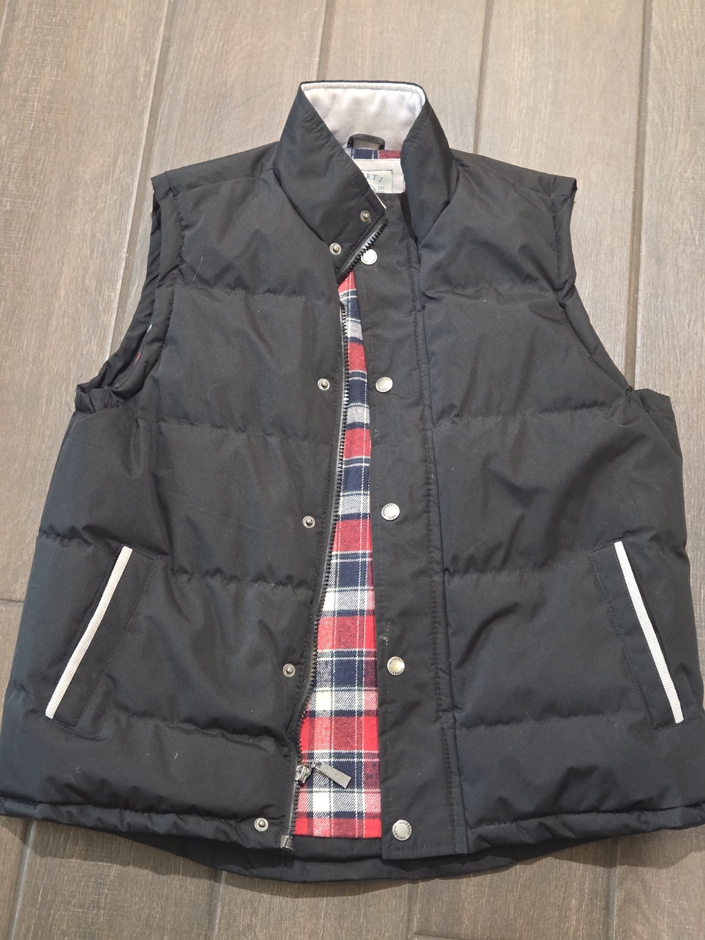 Kids Black Puffer Vest with Red Plaid Lining - Youth